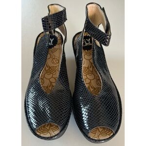 Fly London Yala Black Leather Peep Toe Sandal Wedges 38/ 7.5-8
